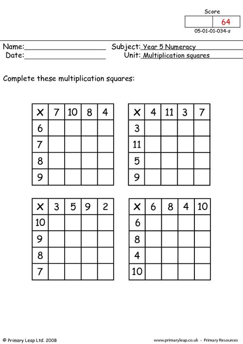 Multiplication Squares Worksheets