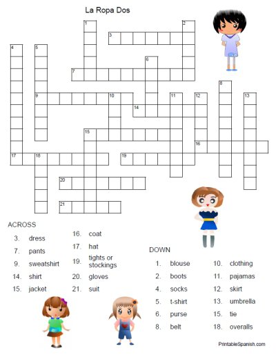 Printable Spanish Freebie Of The Day  La Ropa Dos Crossword Puzzle