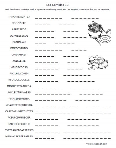 Printable Spanish Fun Worksheets Puzzles Games Food Words