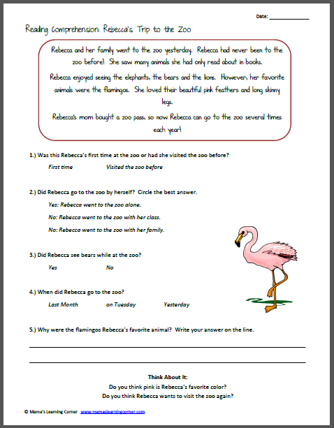 Reading Comprehension  Rebecca's Trip To The Zoo