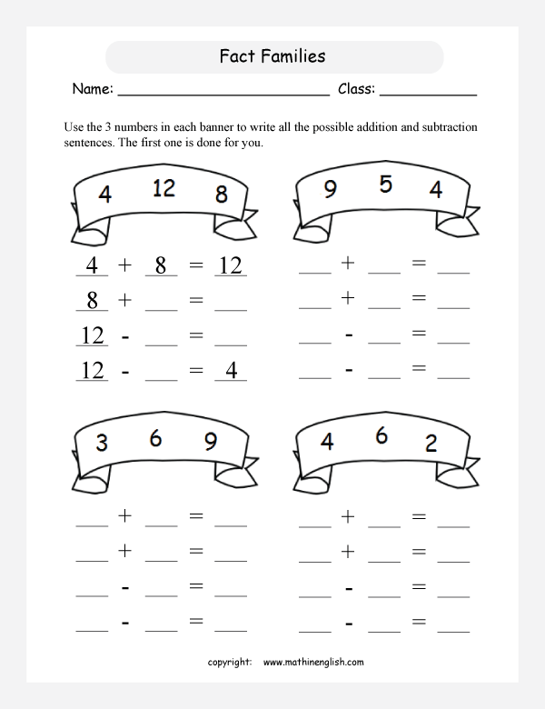 Related Addition And Subtraction Facts Worksheets