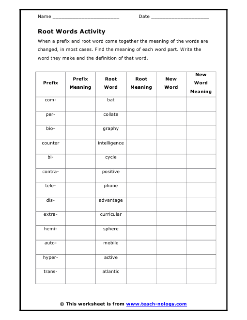 Root Words Worksheet