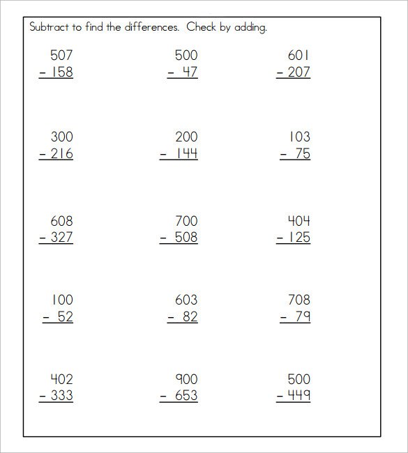 Sample Subtraction Across Zeros Worksheet