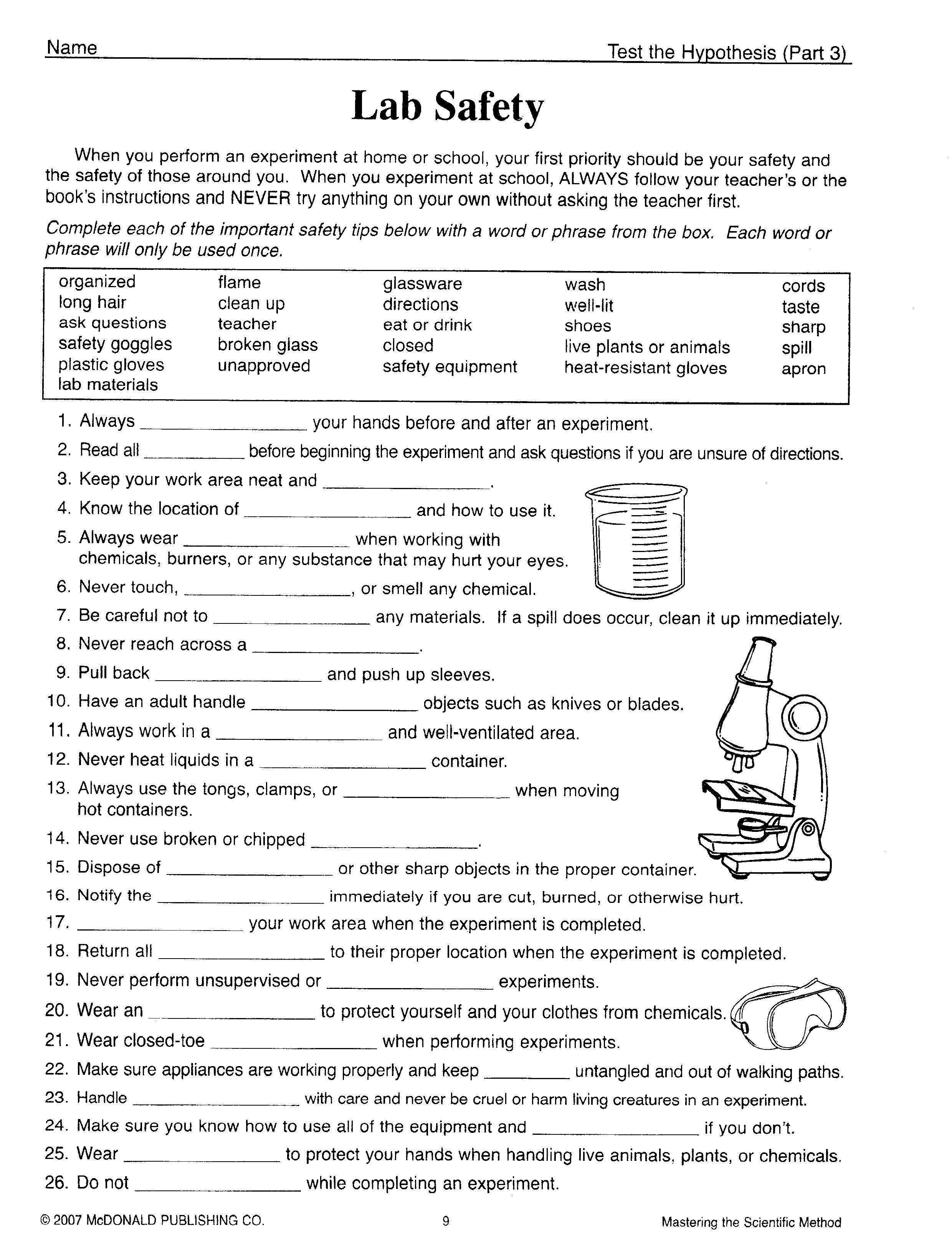 Science Safety Worksheet