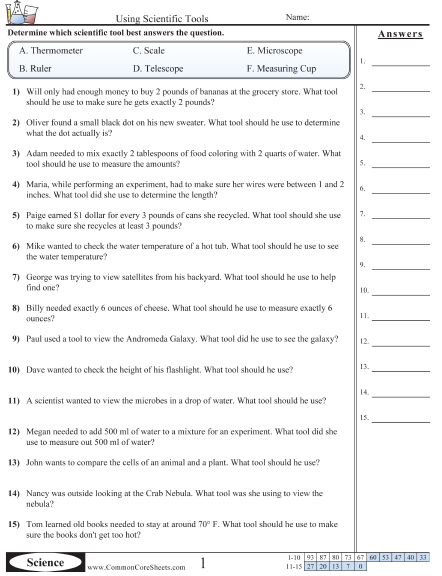 Science Tools Worksheets