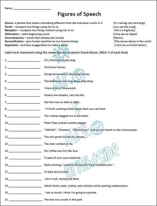 Simile Metaphor Hyperbole Personification Worksheet Worksheets For
