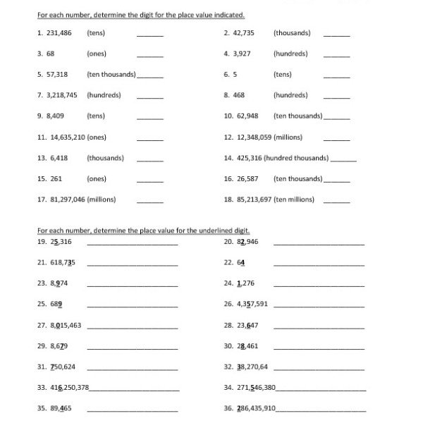 Place Value Worksheets For 6th Grade
