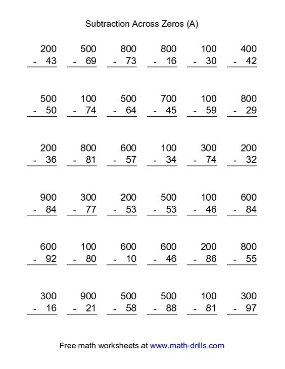 Subtraction Worksheets With Zeros And Worksheets For All