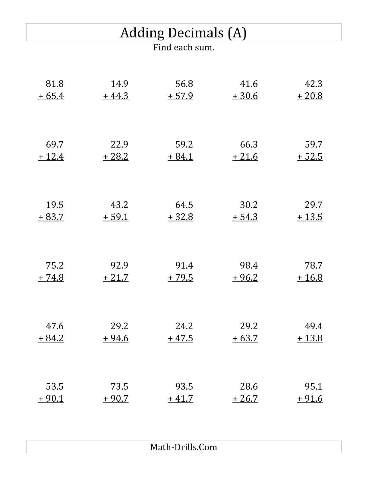 Adding Decimals Worksheets 4th Grade