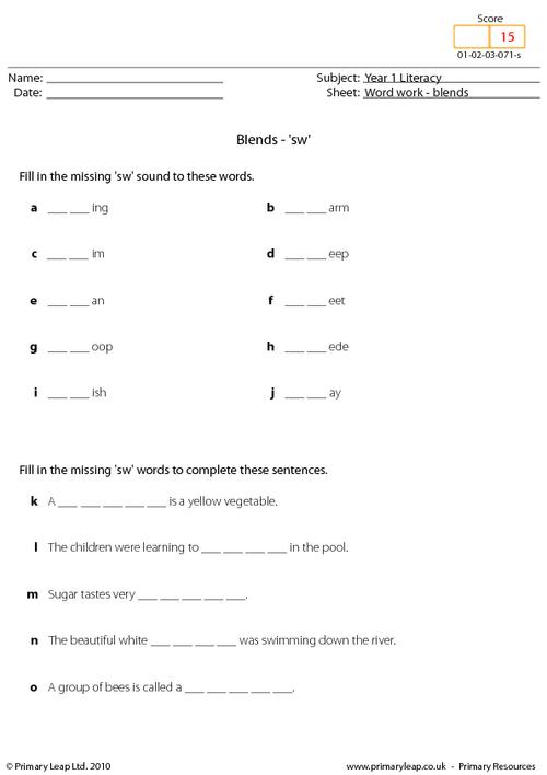This Ks1 English Worksheet Focuses On The Blend 'sw'  Students
