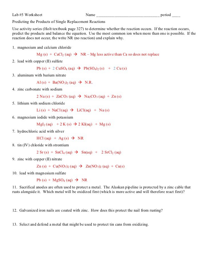 Worksheet On Single And Double Replacement Reactions