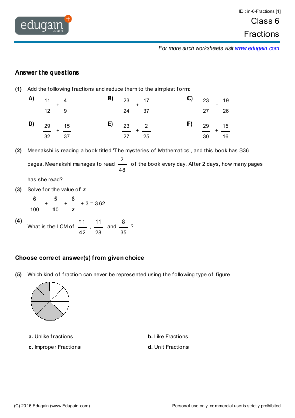 Year 6 Math Worksheets And Problems  Fractions