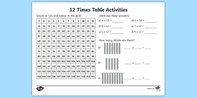 12 Times Table Worksheet   Activity Sheet