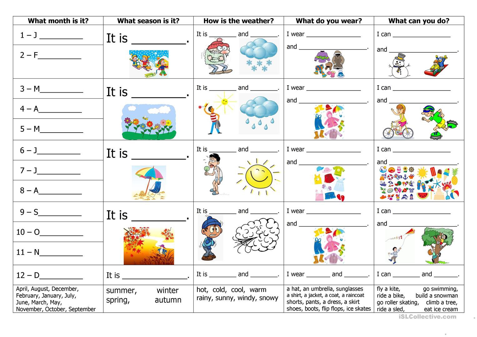 228 Free Esl Seasons Worksheets Kindergarten Worksheet Months