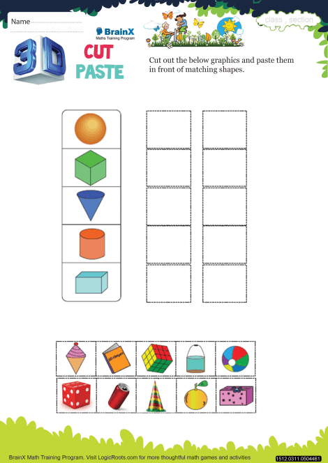 3 D Cut Paste Math Worksheet For Grade 3