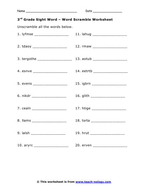 3rd Grade Sight Words   Word Scramble Worksheet