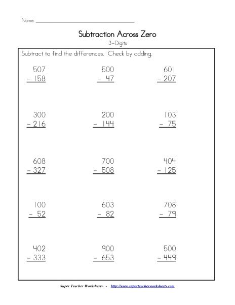 3rd Grade Subtraction Across Zeros Worksheets Worksheets For All