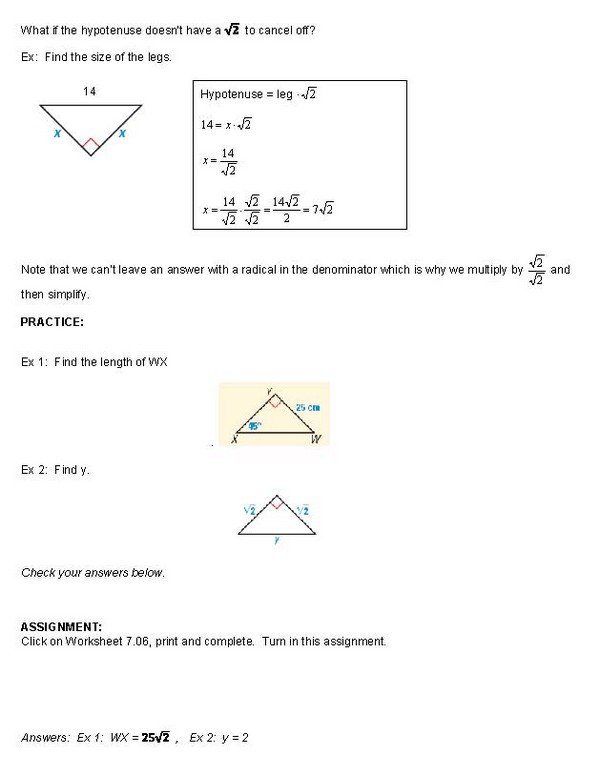 45 45 90 Triangles Worksheet Answers Special Right Triangles 45 45