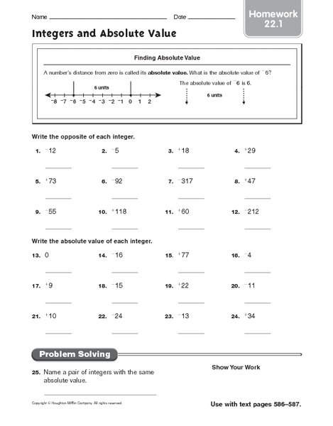 Absolute Value Worksheets Go Math Grade 6