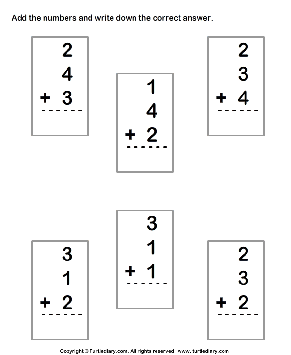 Adding Three One Digit Numbers Sums Up To Ten Worksheet