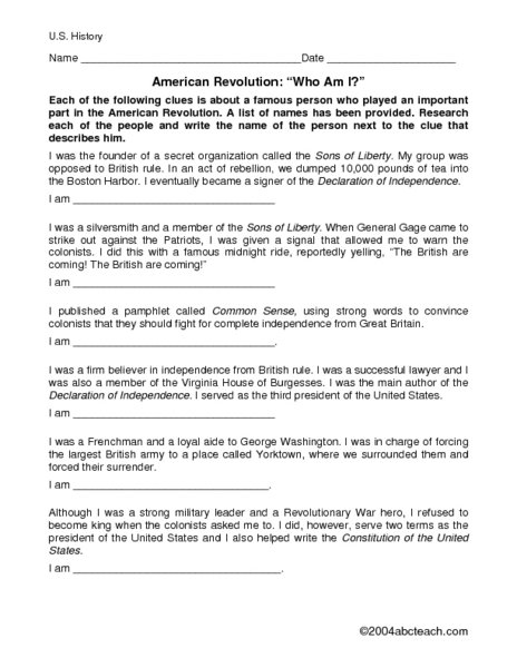 American Revolution Who Am I 4th 5th Grade Worksheet Lesson | Free ...