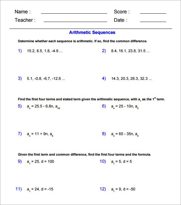Arithmetic Sequence Worksheet Class 10 Math Worksheets And