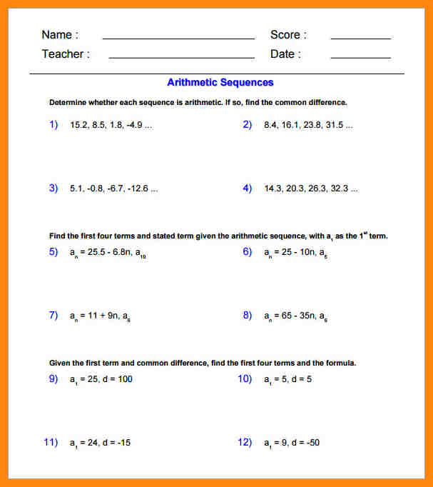 Arithmetic Sequence Worksheet Class 10 Math Worksheets And