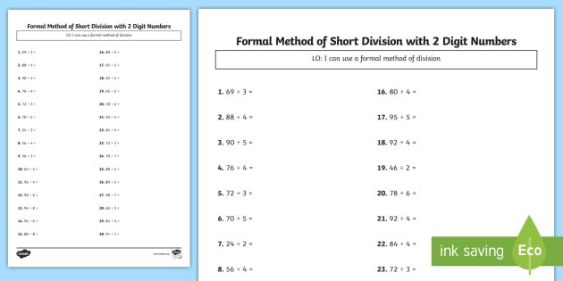 Bus Stop Method Formal Division Of 2 Digit Numbers Worksheet