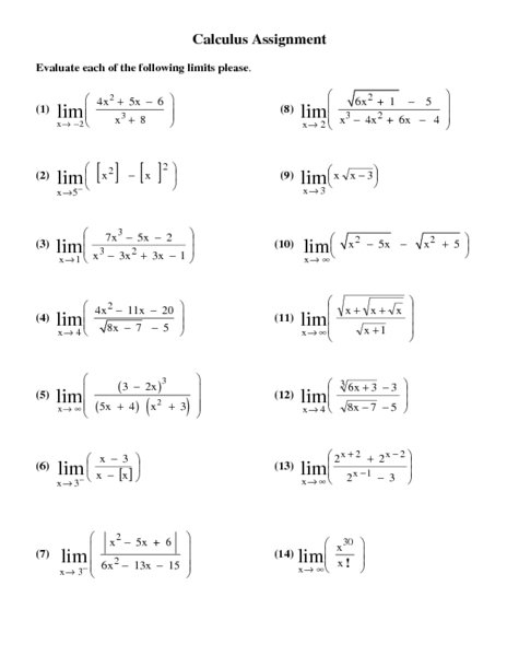 Printable Calculus Worksheets