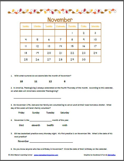 Calendar Worksheets To Work On Discussing Special Events