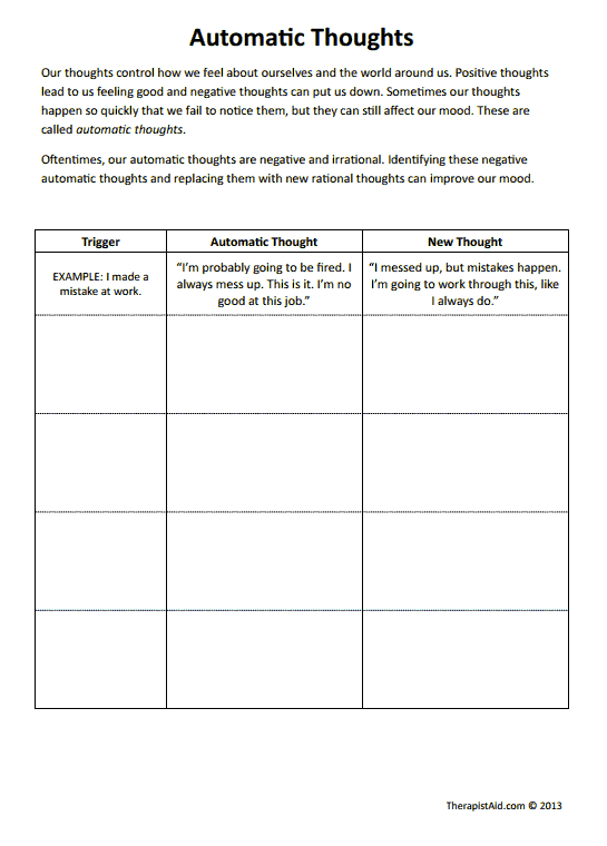 Cbt Worksheets! Automatic Thoughts Preview  Good For Negative Self