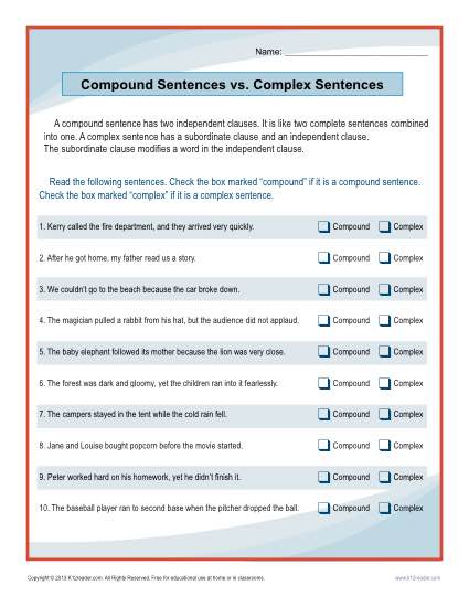 Compound Sentences Vs  Complex Sentences Worksheet