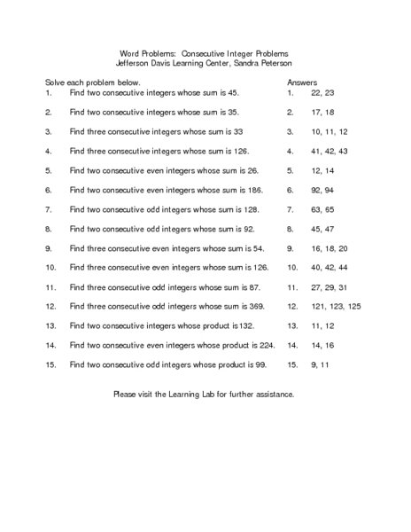 Consecutive Integer Word Problems Worksheets