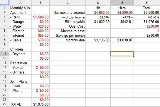 Couple's Financial Worksheet