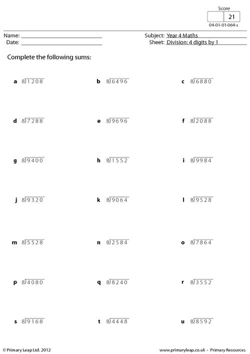 Division  4 Digits By 1