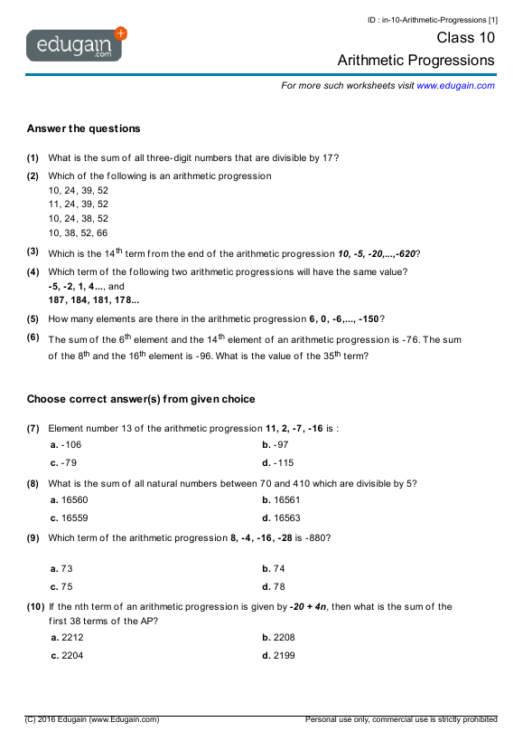 Grade 10 Math Worksheets And Problems  Arithmetic Progressions