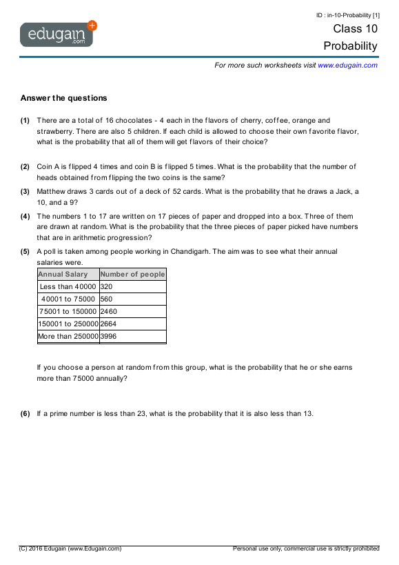 Grade 10 Math Worksheets And Problems  Probability