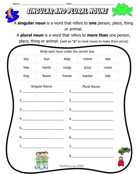 Grade 1  Sample Worksheet Singular Plural