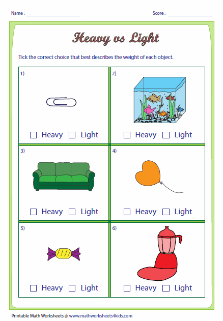 Heavy And Light Worksheets