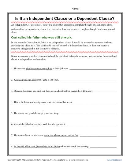 Independent And Dependent Clauses Worksheets
