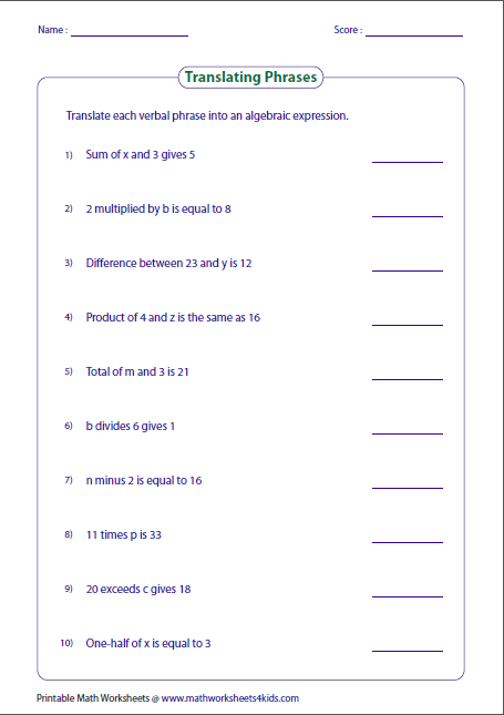 Math Worksheets Evaluating Expressions