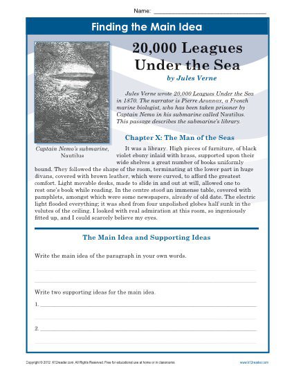 Middle School Main Idea Worksheet About 20,000 Leagues Under The Sea