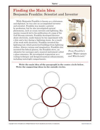 Middle School Main Idea Worksheet About Ben Franklin