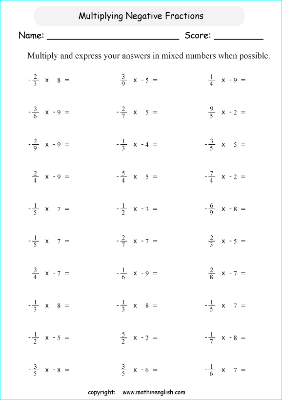 Multiply Negative Fractions By Whole Numbers Fraction Worksheet