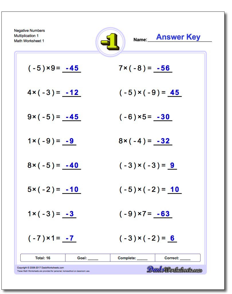 Negative Numbers Multiplication Worksheets 7 9 Facts