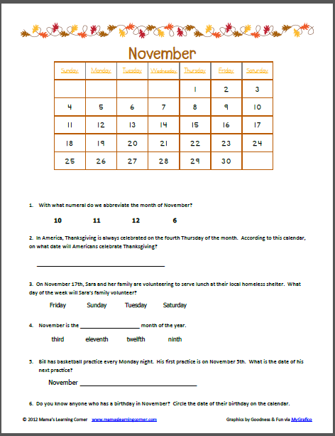 November Calendar Worksheet