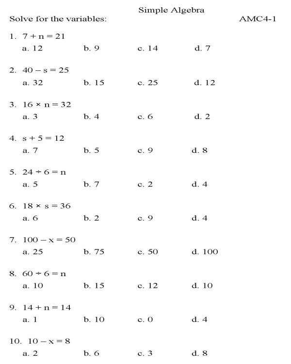 Algebra 1 Worksheets Printable