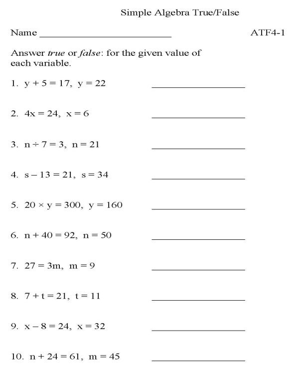 Printable Algebra Worksheet