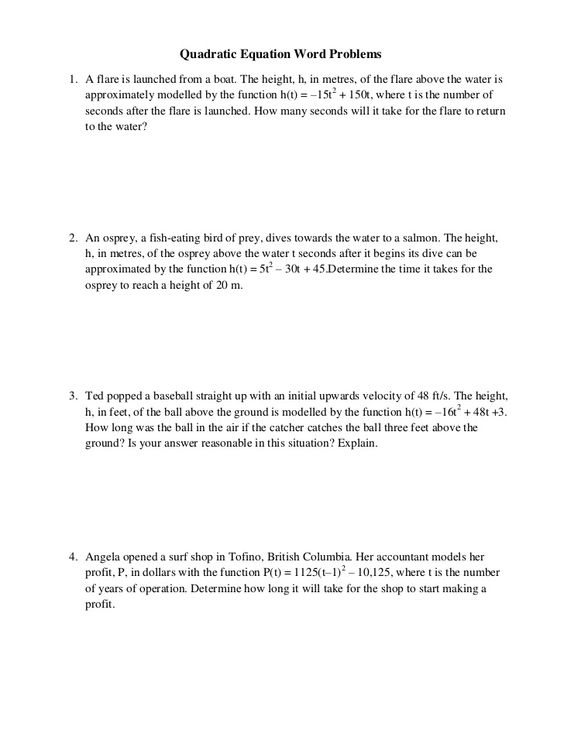 Quadratic Word Problems Worksheet Worksheets For All