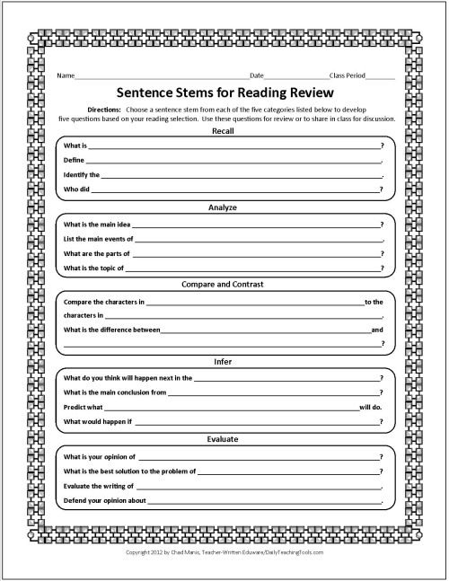 Sentence Stems For Reading Review